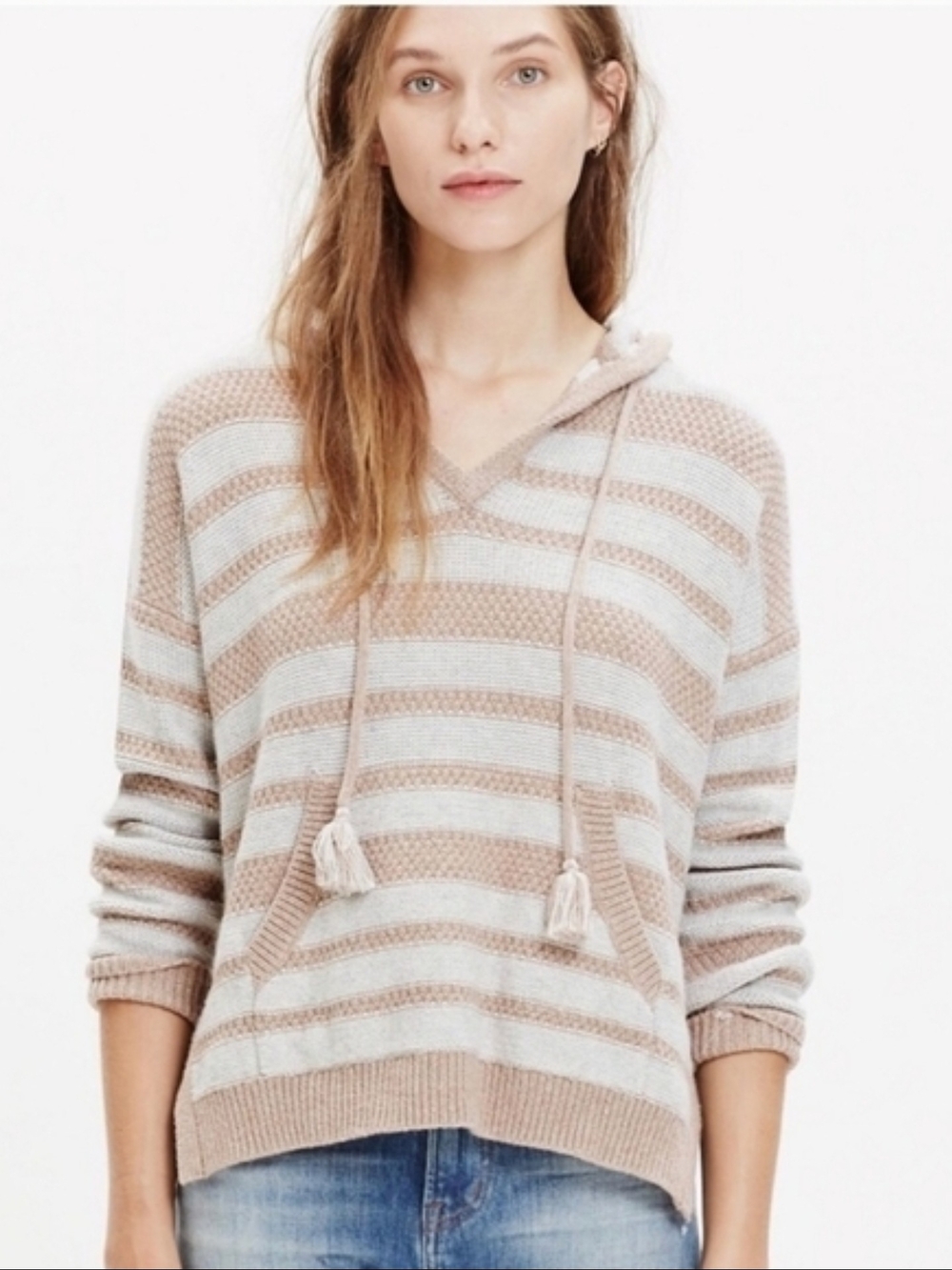 Madewell Striped V-Neck Hoodie in Beige and Cream